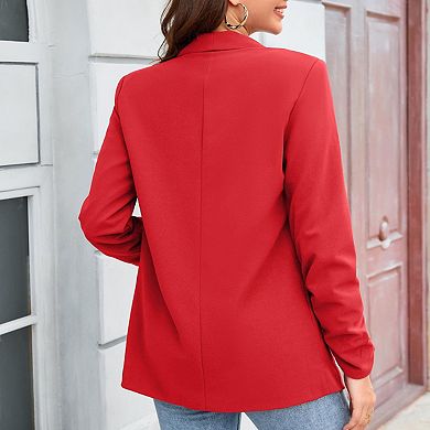 Women's Notched Lapel Blazer Pocket Detail Solid Color Elegant Office Jacket
