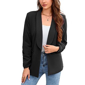 Women's Notched Lapel Blazer Pocket Detail Solid Color Elegant Office Jacket