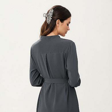 Women’s Long Sleeve Button Front Dress with Soft Drape Tie Waist Detail