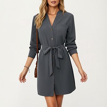 Women’s Long Sleeve Button Front Dress with Soft Drape Tie Waist Detail