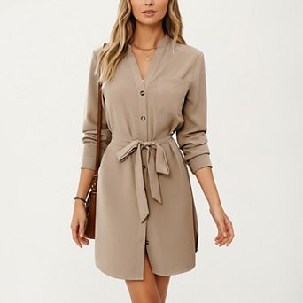 Women’s Long Sleeve Button Front Dress with Soft Drape Tie Waist Detail