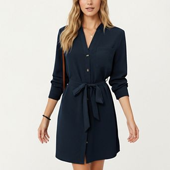 Women’s Long Sleeve Button Front Dress with Soft Drape Tie Waist Detail