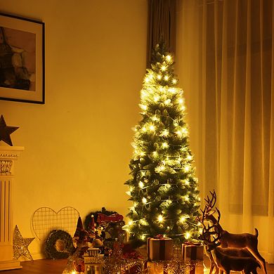 Gymax Snow Flocked Pencil Christmas Tree Classic Realistic PVC Needles W/Pine Cones