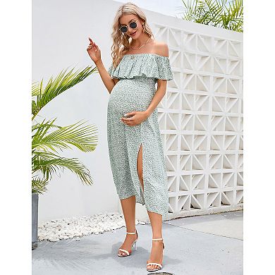 Off Shoulder Maternity Dress with Side Slit A-Line Casual Midi Dresses