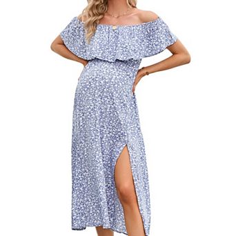 Off Shoulder Maternity Dress with Side Slit A-Line Casual Midi Dresses