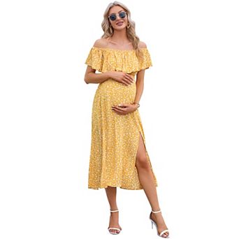 Off Shoulder Maternity Dress with Side Slit A-Line Casual Midi Dresses