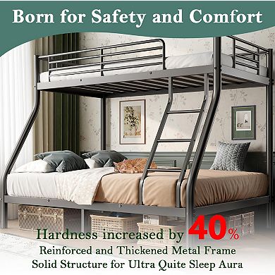 Heavy Duty Twin Full Bunk Bed Space-Saving Metal Frame with Guardrail No Box Spring Black