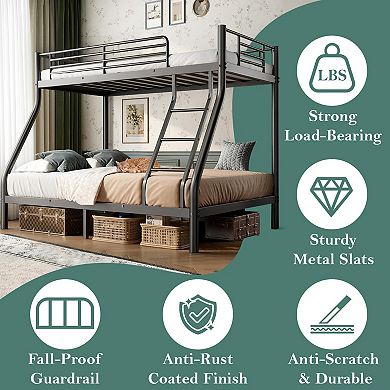 Heavy Duty Twin Full Bunk Bed Space-Saving Metal Frame with Guardrail No Box Spring Black