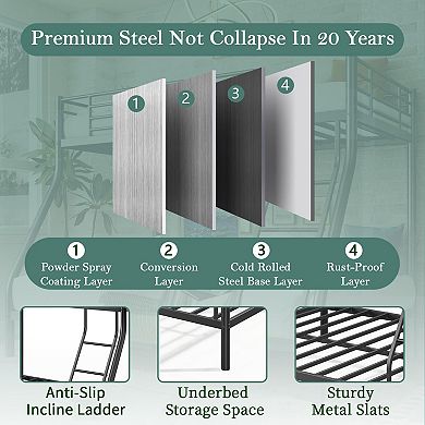 Heavy Duty Twin Full Bunk Bed Space-Saving Metal Frame with Guardrail No Box Spring Black