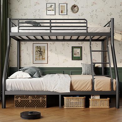 Heavy Duty Twin Full Bunk Bed Space-Saving Metal Frame with Guardrail No Box Spring Black