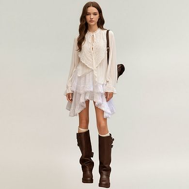 Women's Tiered Ruffle Lace Hem Skirt with Asymmetrical Layers