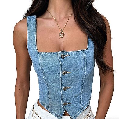 Womens Square Neck Denim Vest Sleeveless Button Down Casual Tops