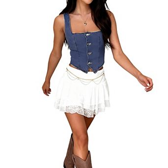 Womens Square Neck Denim Vest Sleeveless Button Down Casual Tops