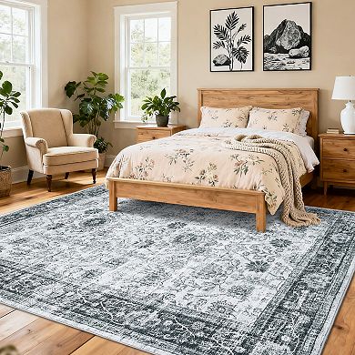 Indoor Printed Area Rug Washable Vintage Floral Non Slip Low Pile Soft Rubber Backed for Bedroom