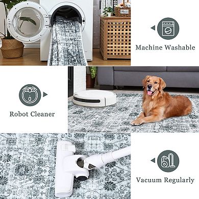 Indoor Printed Area Rug Washable Vintage Floral Non Slip Low Pile Soft Rubber Backed for Bedroom