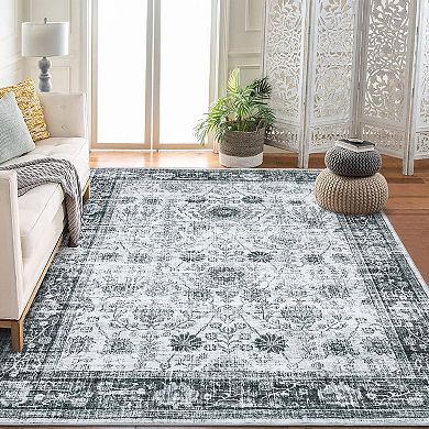 Indoor Printed Area Rug Washable Vintage Floral Non Slip Low Pile Soft Rubber Backed for Bedroom