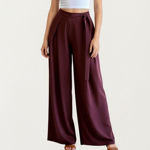 Women's Wide Leg Pants with Draped Front Panels and Soft Flowing