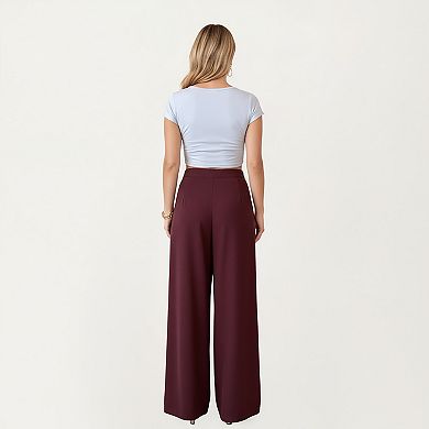 Women's Wide Leg Pants with Draped Front Panels and Soft Flowing Fabric