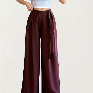 Women's Wide Leg Pants with Draped Front Panels and Soft Flowing Fabric