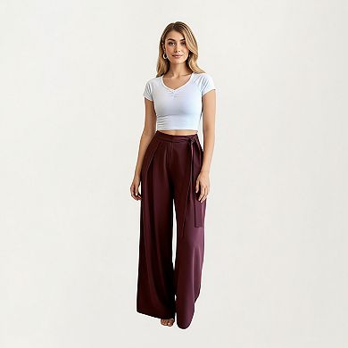 Women's Wide Leg Pants with Draped Front Panels and Soft Flowing Fabric