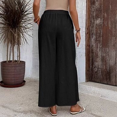 Womens Elastic High Waisted Wide Leg Long Pants Summer Fall Casual Loose Fit Button Pockets Trousers