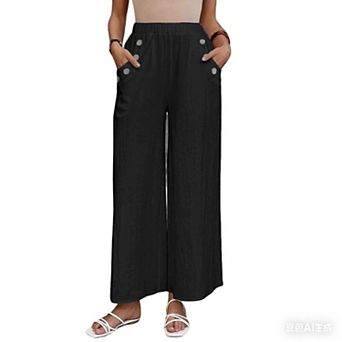 Womens Elastic High Waisted Wide Leg Long Pants Summer Fall Casual Loose Fit Button Pockets Trousers