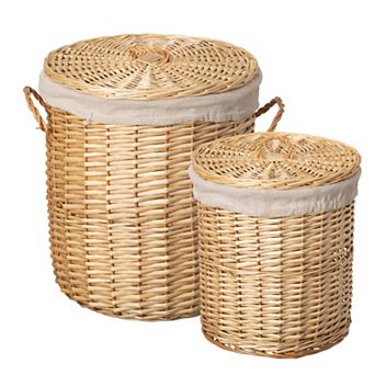 Round Willow Wicker Laundry Basket Side Handles & Removable Fabric Liners Natural Storage Hampers