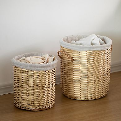 Round Willow Wicker Laundry Basket Side Handles & Removable Fabric Liners Natural Storage Hampers