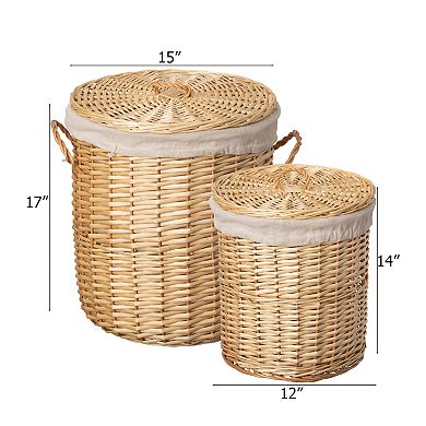 Round Willow Wicker Laundry Basket Side Handles & Removable Fabric Liners Natural Storage Hampers
