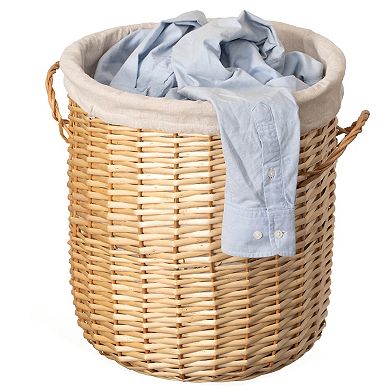Round Willow Wicker Laundry Basket Side Handles & Removable Fabric Liners Natural Storage Hampers