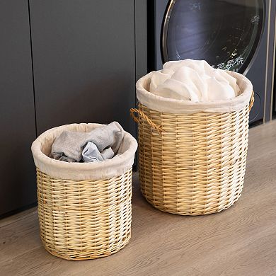 Round Willow Wicker Laundry Basket Side Handles & Removable Fabric Liners Natural Storage Hampers
