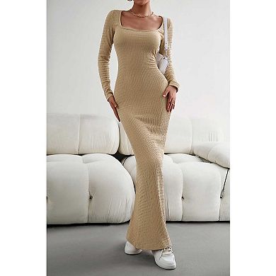 Women's Slim Fit Square Neck Long Sleeve Knit Maxi Dress, Bodycon Sweater Dress