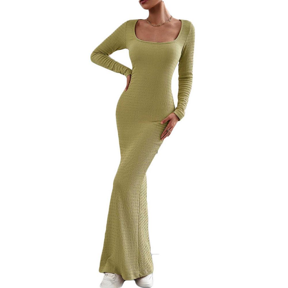Women's Square Neck Long Sleeve Knit Dress Slim Fit Stretchy Bodycon Sweater Dress Casual Elegant Black brown M