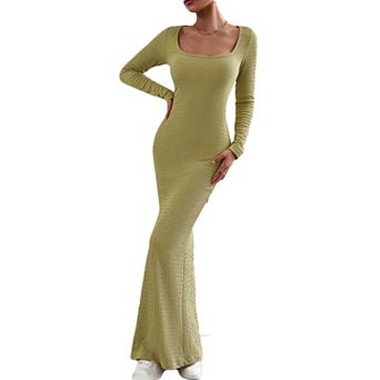 Women's Slim Fit Square Neck Long Sleeve Knit Maxi Dress, Bodycon Sweater Dress