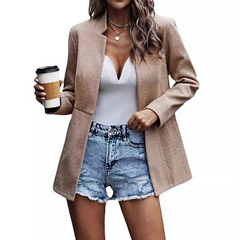 Womens Tweed Casual Business Blazer Jacket Open Front Stand Collar Fully Lined Dressy Work Jacket