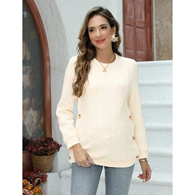 Womens Maternity Sweater Long Sleeve Cable Knit Elastic Pregnancy Pullover Double Split with Buttons