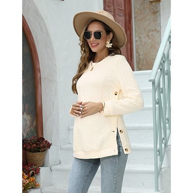 Womens Maternity Sweater Long Sleeve Cable Knit Elastic Pregnancy Pullover Double Split with Buttons
