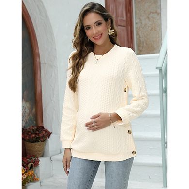Womens Maternity Sweater Long Sleeve Cable Knit Elastic Pregnancy Pullover Double Split with Buttons