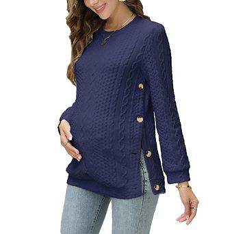 Womens Maternity Sweater Long Sleeve Cable Knit Elastic Pregnancy Pullover Double Split with Buttons