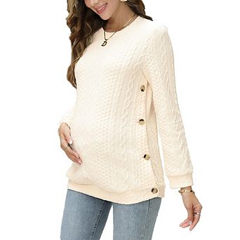 Womens Maternity Sweater Long Sleeve Cable Knit Elastic Pregnancy Pullover Double Split with Buttons