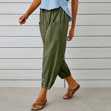 Women's Fall Casual Jogger Pants Drawstring Waist Button Cuff Pocket Wide Leg Cropped Capri Pants