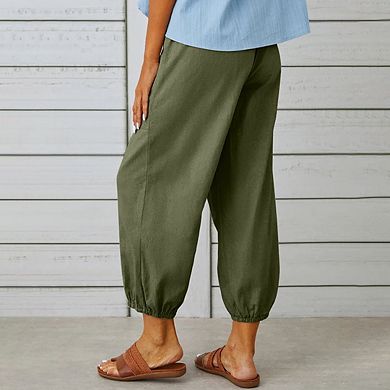 Women's Fall Casual Jogger Pants Drawstring Waist Button Cuff Pocket Wide Leg Cropped Capri Pants