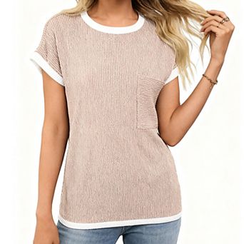Women's Ribbed Knit Top Short Sleeve Casual Color Block T-Shirt with Chest Pocket