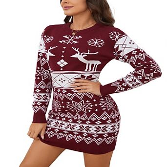 Women's Cute Christmas Sweater Dress Long Sleeves Crew Neck Fun Party Oversized Pullover Fun Party
