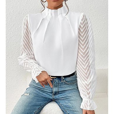 Women's Fall Summer Mock Neck Pleated Shirt Chiffon Lantern Long Sleeve Casual Top Blouse