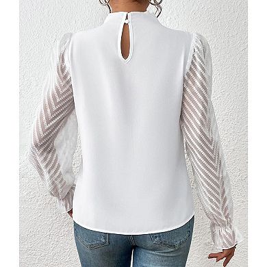 Women's Fall Summer Mock Neck Pleated Shirt Chiffon Lantern Long Sleeve Casual Top Blouse