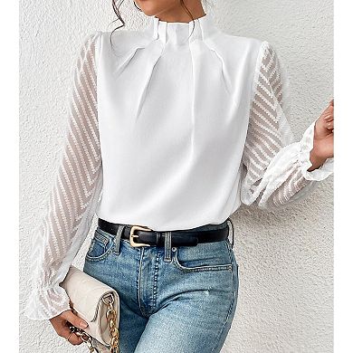 Women's Fall Summer Mock Neck Pleated Shirt Chiffon Lantern Long Sleeve Casual Top Blouse