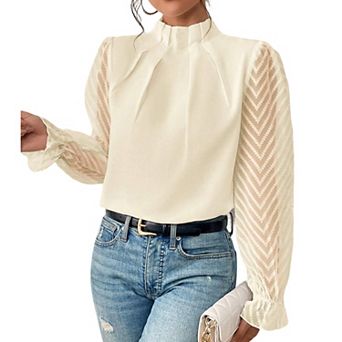Women's Fall Summer Mock Neck Pleated Shirt Chiffon Lantern Long Sleeve Casual Top Blouse