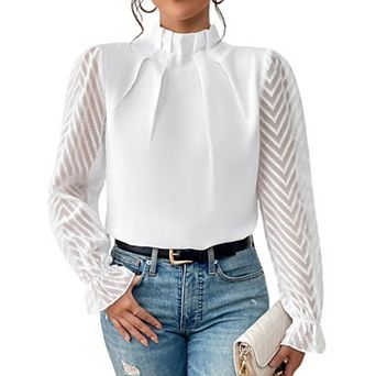 Women's Fall Mock Neck Pleated Blouse Chiffon Lantern Long Sleeve Keyhole Elegant Office Top Shirt