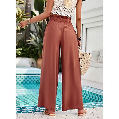 Womens Palazzo Trousers - High Waist Wide-Leg Beach Pants, Loose-Fit Summer Bottoms with Pockets